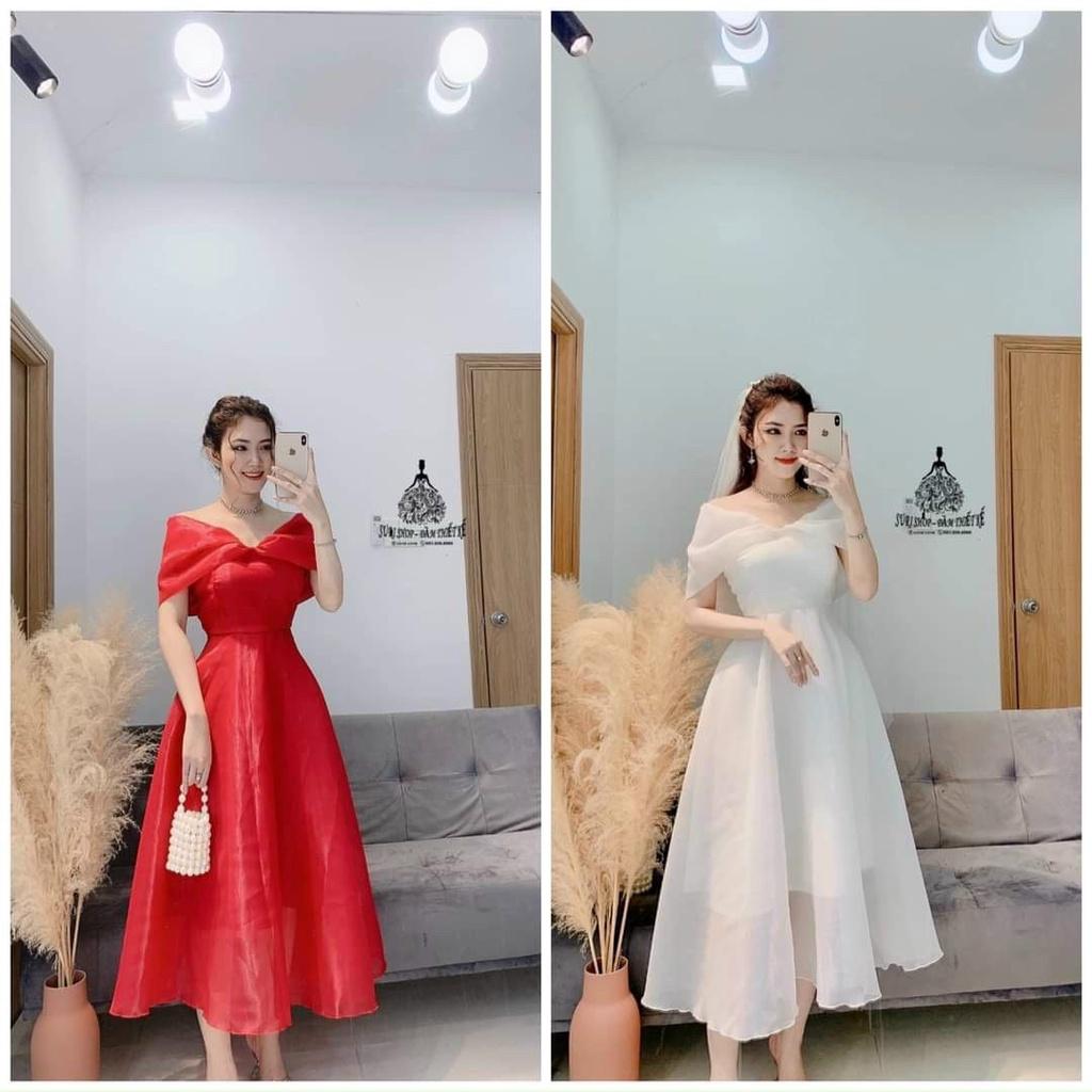 Váy đầm nữ dáng xòe kiểu bẹt vai kết nơ ngực sang trọng thanh lịch thích hợp mặc đi dự tiệc