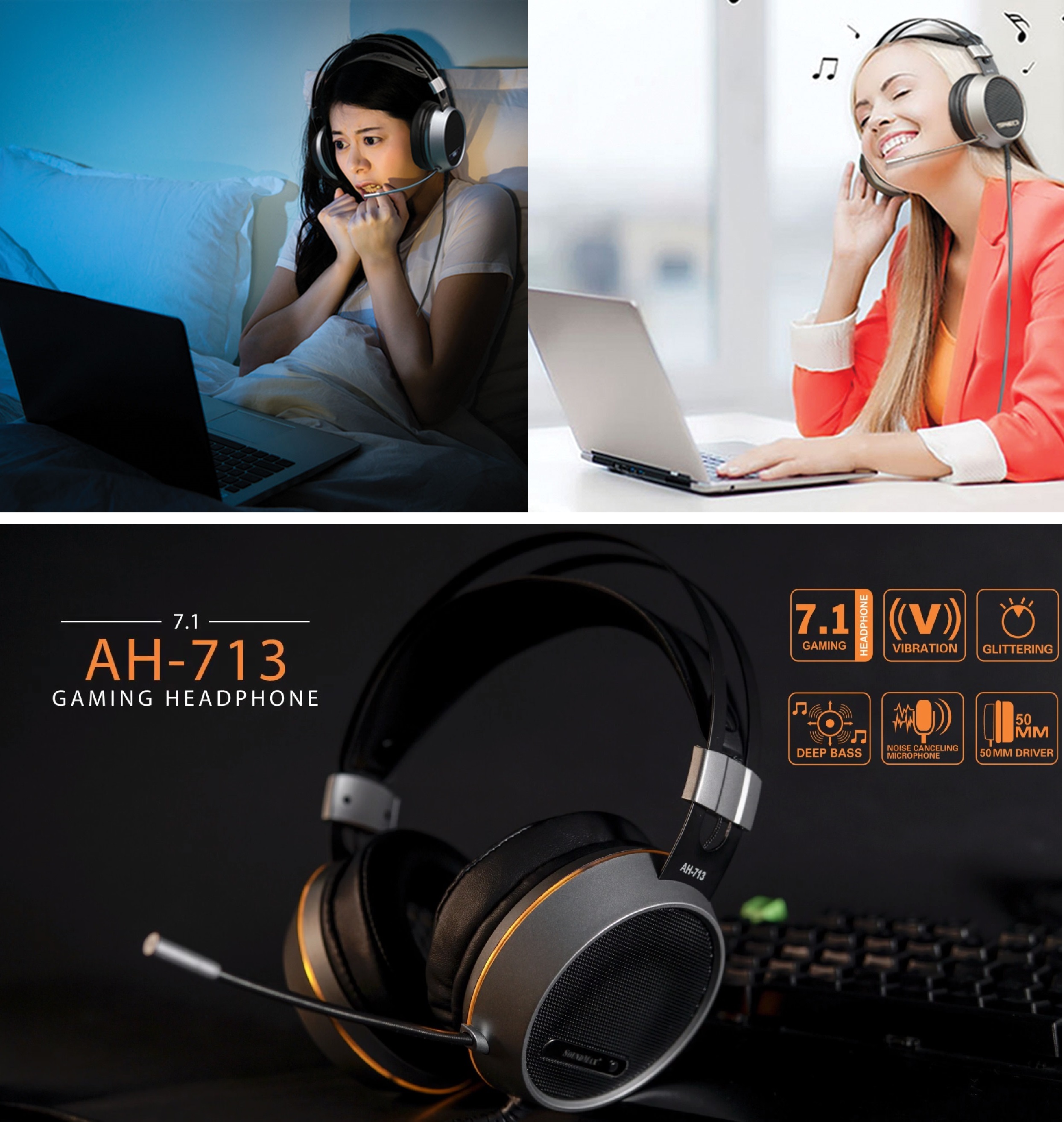 Tai nghe gaming 7.1 chụp tai 1 chân cắm USB SOUNDMAX AH-713 - Hàng chính hãng