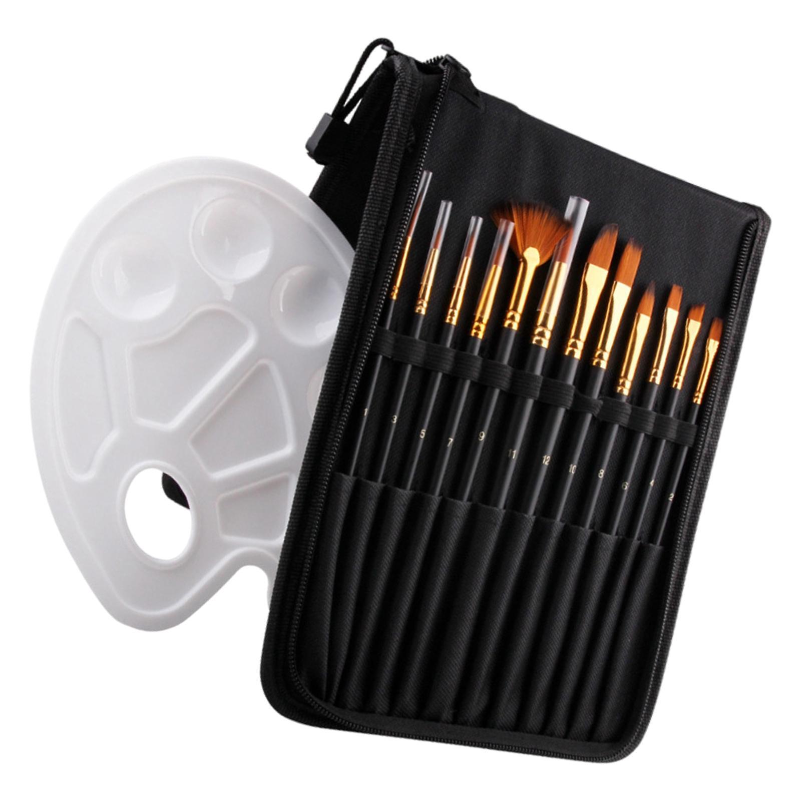14 Pack Paint Brush Set with 12 Brushes, 1 Palette and 1 Carrying Case for Watercolor, Oil, Acrylic Painting