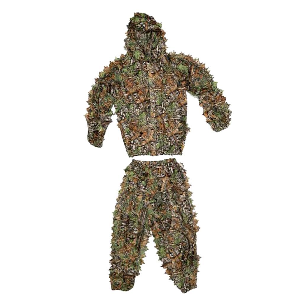 2x Breathable Leafy Camo Hooded Stretchy Ghillie Suits Clothes Jacket Pants Lightweight for Child Unisex Outdoor Hunting Shooting Wildlife Photography
