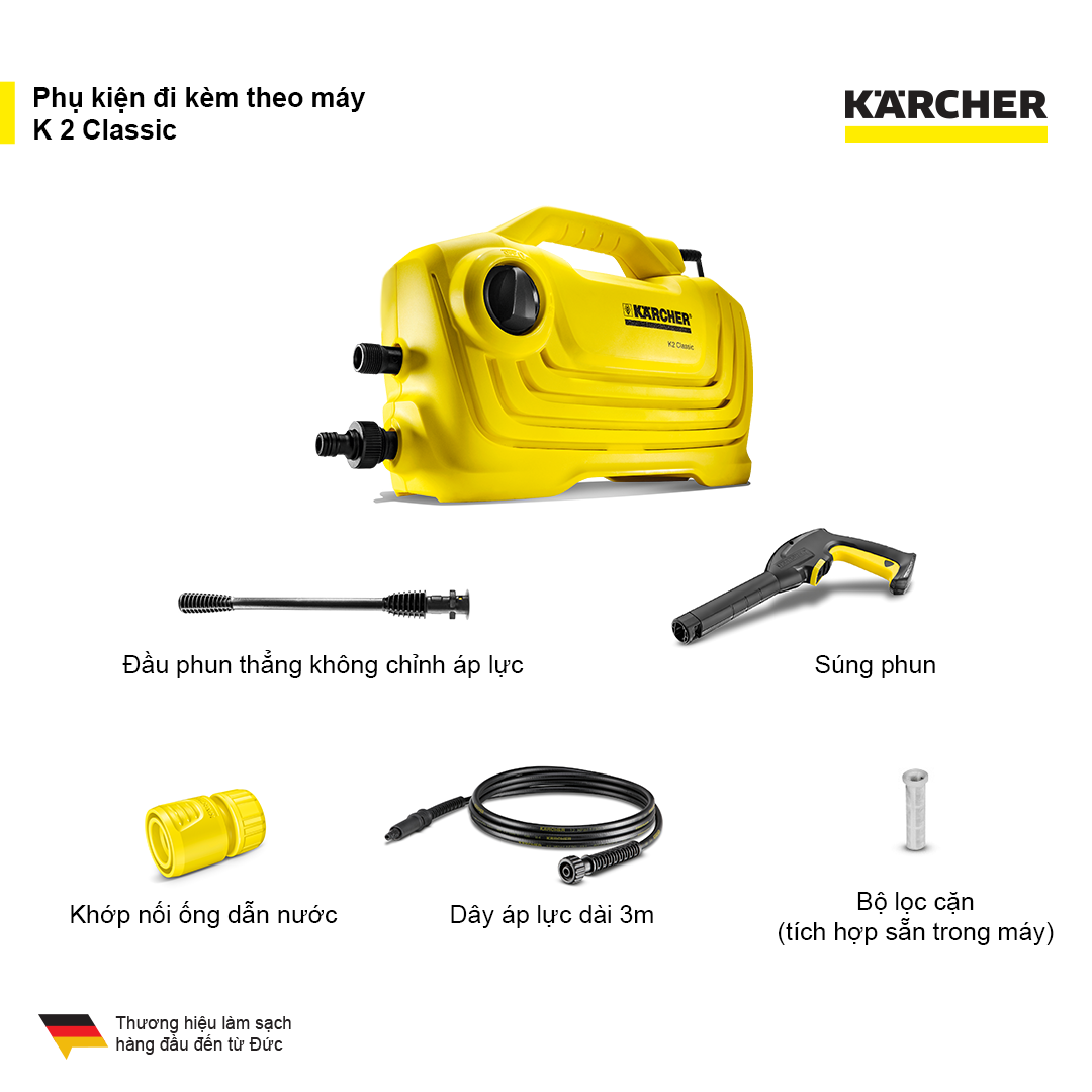 Combo Máy phun rửa áp lực cao Karcher K 2 Classic và dây cấp nước 1.5m