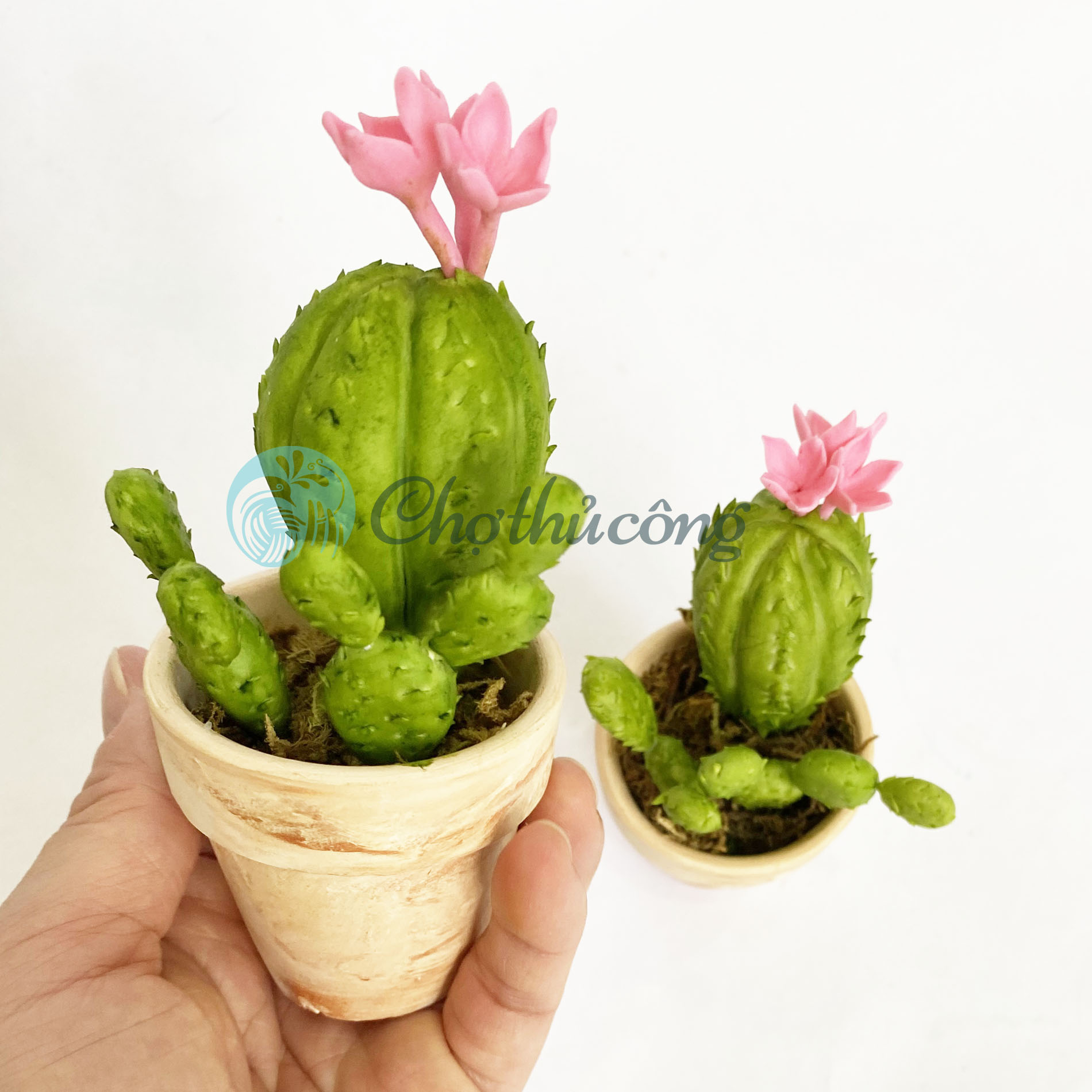 Chậu xương rồng mini giả decor - hoa đất sét Nhật thái, chậu cây mini handmade để bàn trang trí