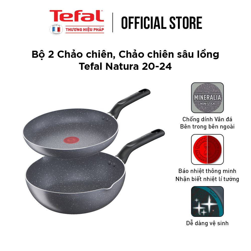 Bộ 2 chảo vân đá chống dính Tefal Natura dùng cho bếp ga và hồng ngoại (20cm, 24cm) - Hàng chính hãng