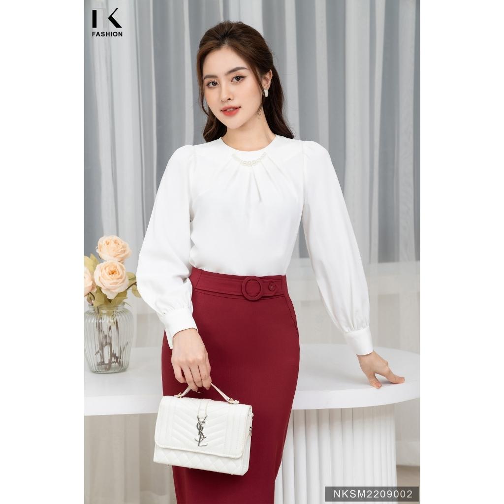 Áo Sơ Mi Công Sở Dài Tay Cổ Đính Dây Ngọc NK FASHION Chất Vải Lụa Hàn Cao Cấp, Mềm Mại NKSM2209002