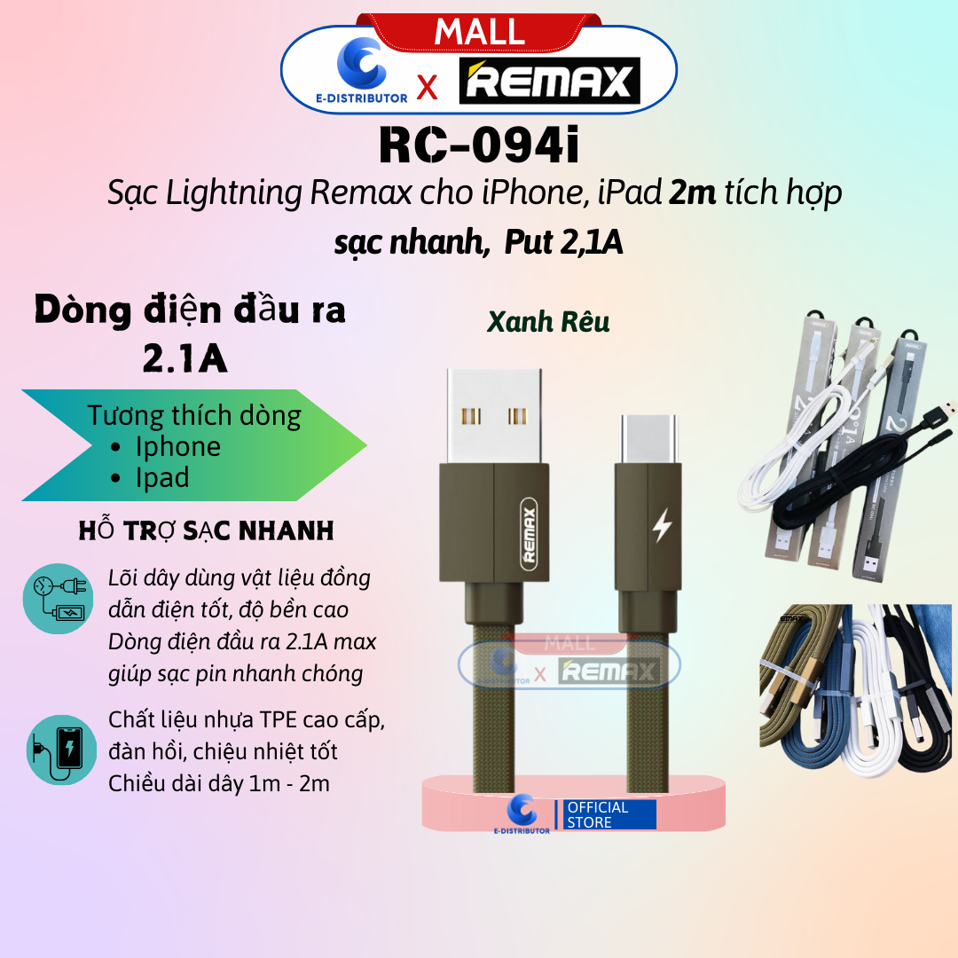 Cáp sạc Lightnningg Remax RC094i - Hàng Chính Hãng - Bảo Hành 12 Tháng