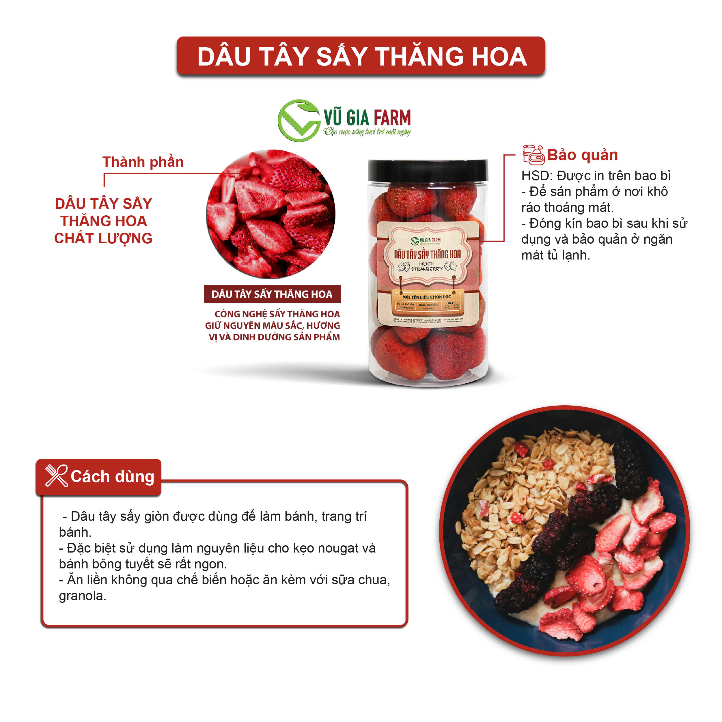 Dâu Tây Sấy Thăng Hoa Nguyên Quả (120g/hũ) - giòn, không đường, chua ngọt nguyên vị