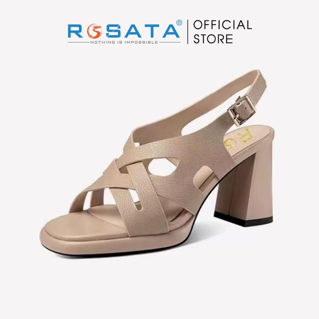 Giày sandal cao gót nữ đế vuông 7 phân mũi vuông  phối dây quai hậu cài khóa mảnh ROSATA RO596 ( Bảo Hành 12 Tháng )