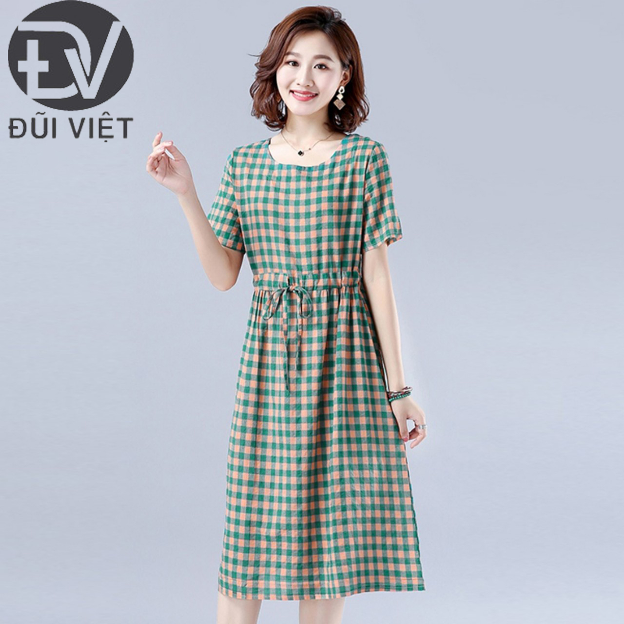 Váy Đầm Trung Niên Dự Tiệc, Đầm Trung Niên Linen Cộc Tay Kèm Dây Thắt Eo Đũi Việt DV169