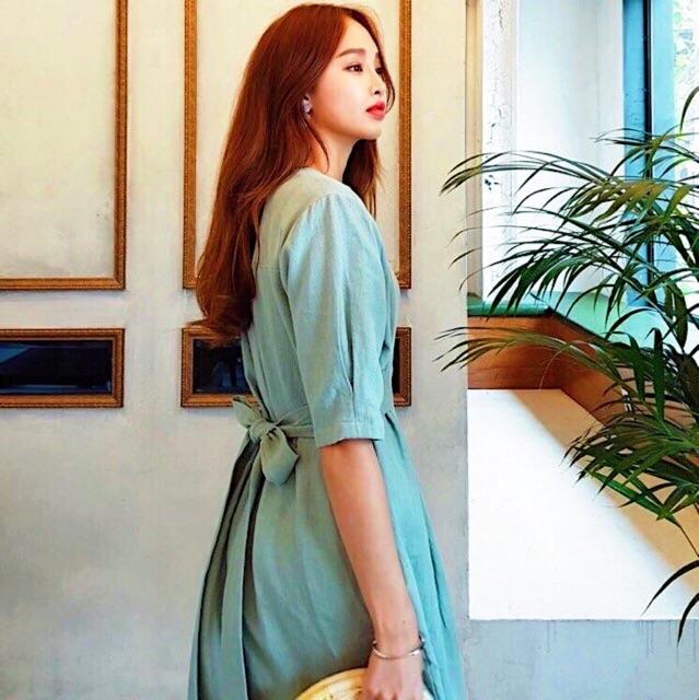 ĐẦM CÔNG SỞ ĐẦM DÁNG SUÔNG Đầm váy mint nút trước cột nơ v2
