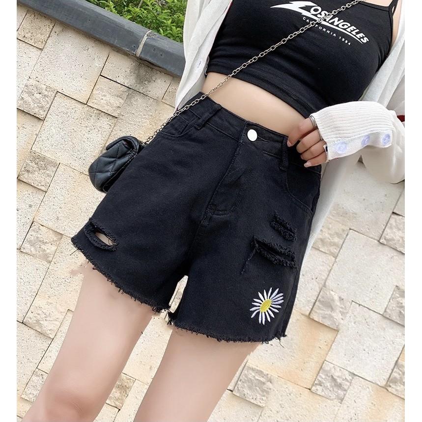 Quần short jean nữ Big Size lưng cao trên rốn, co dãn mạnh, in hoa cúc đang hot 3453