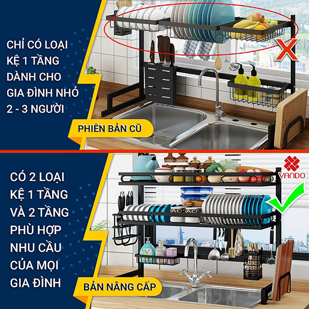 Kệ chén bát đa năng VANDO kích thước 1 tầng 95cm bằng thép carbon cao cấp không gỉ, giá để bát trên bồn rửa ráo nước cho nhà bếp sạch sẽ