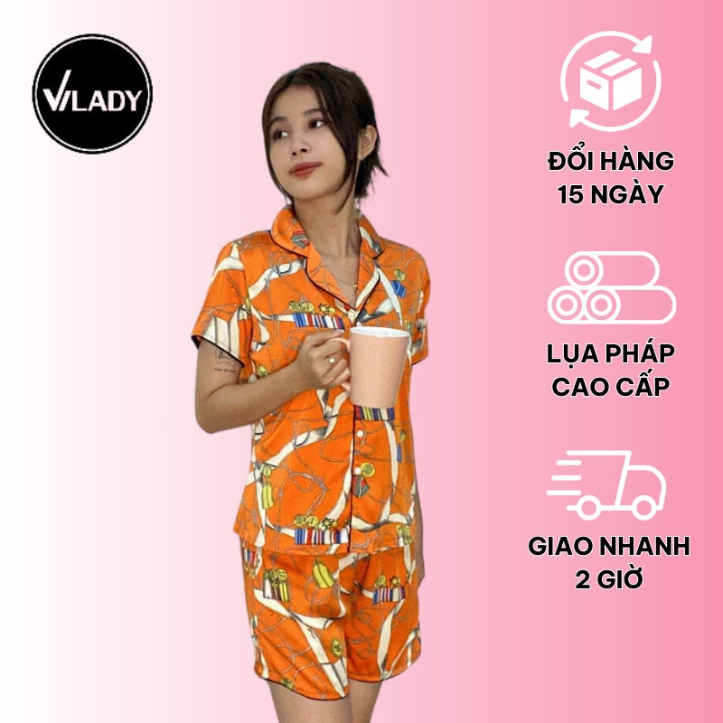 Đồ bộ Pyjama lụa, đồ mặc nhà nữ VILADY - B134 kiểu quần đùi tay cộc, họa tiết siêu dễ thương, chất liệu lụa Pháp - Màu cam