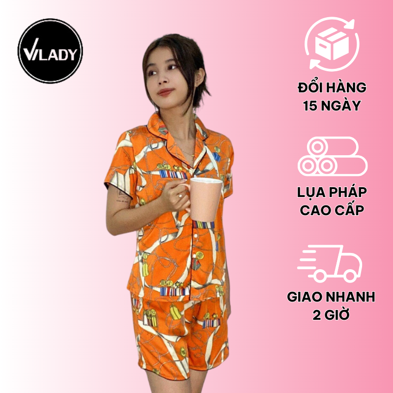 Đồ bộ Pyjama lụa, đồ mặc nhà nữ VILADY  - B134 kiểu quần đùi tay cộc, họa tiết siêu dễ thương, chất liệu lụa Pháp ( lụa latin) - Màu cam