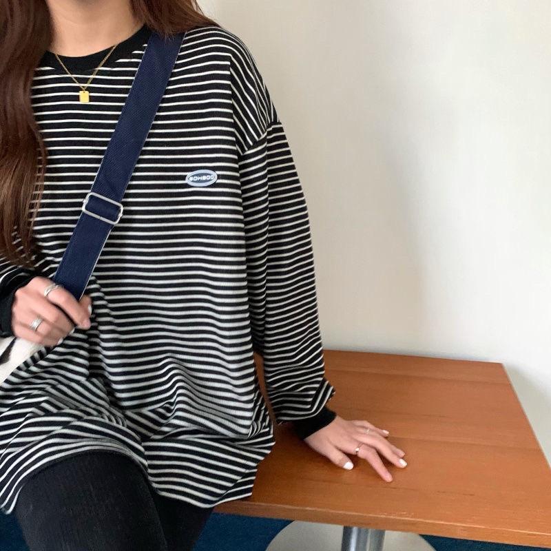 Áo Sweater Kẻ Sọc Tay Bo Form Rộng Nam Nữ Phong Cách Cá Tính Năng Động