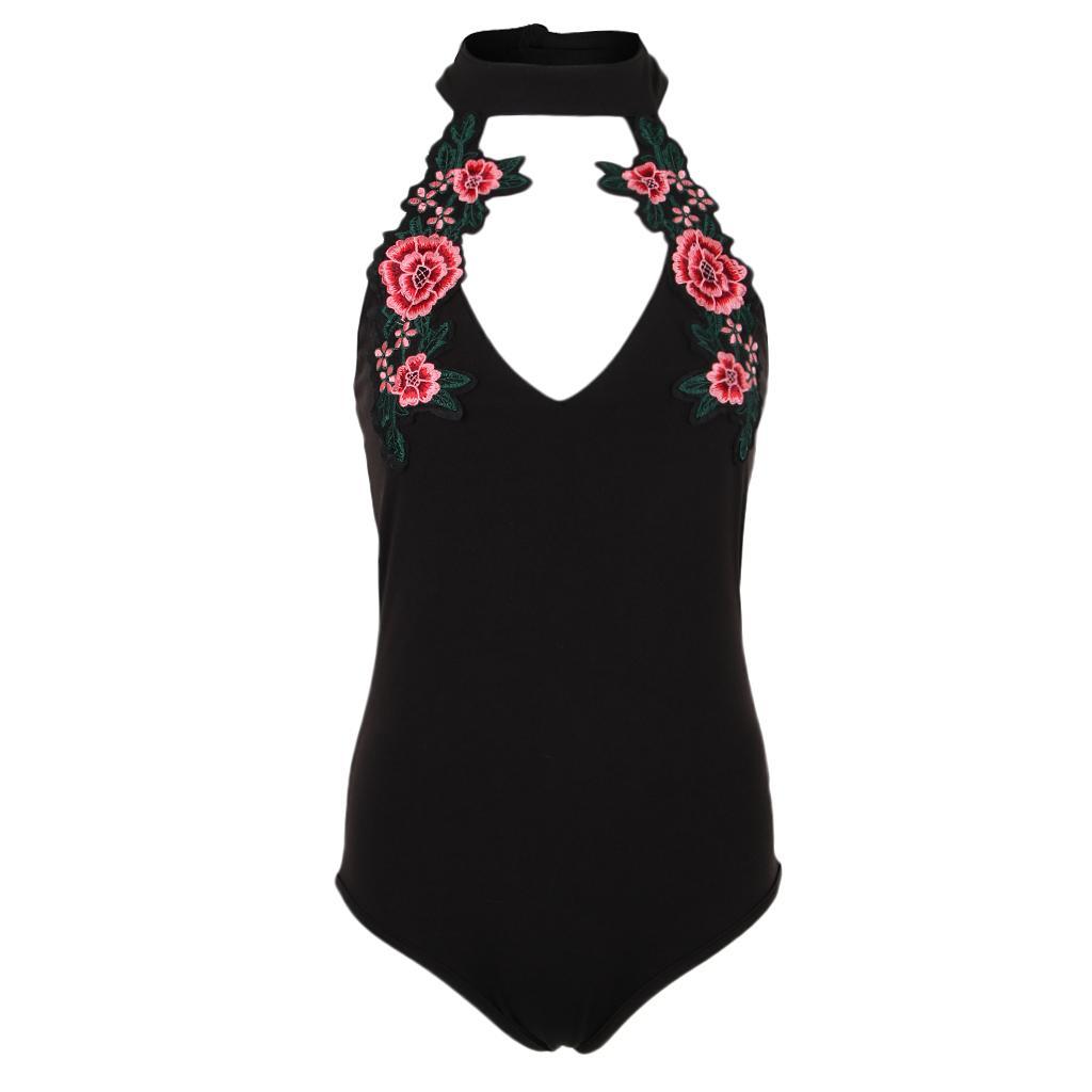 Women's Flower Embroidered Halter Tank Top Clubwear Braces Harness Bodysuit