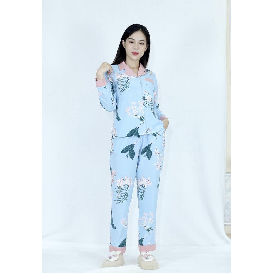 Bộ đồ Pijama nữ dài họa tiết NỀN XANH HOA LÁ Cực Kì Sang Chả