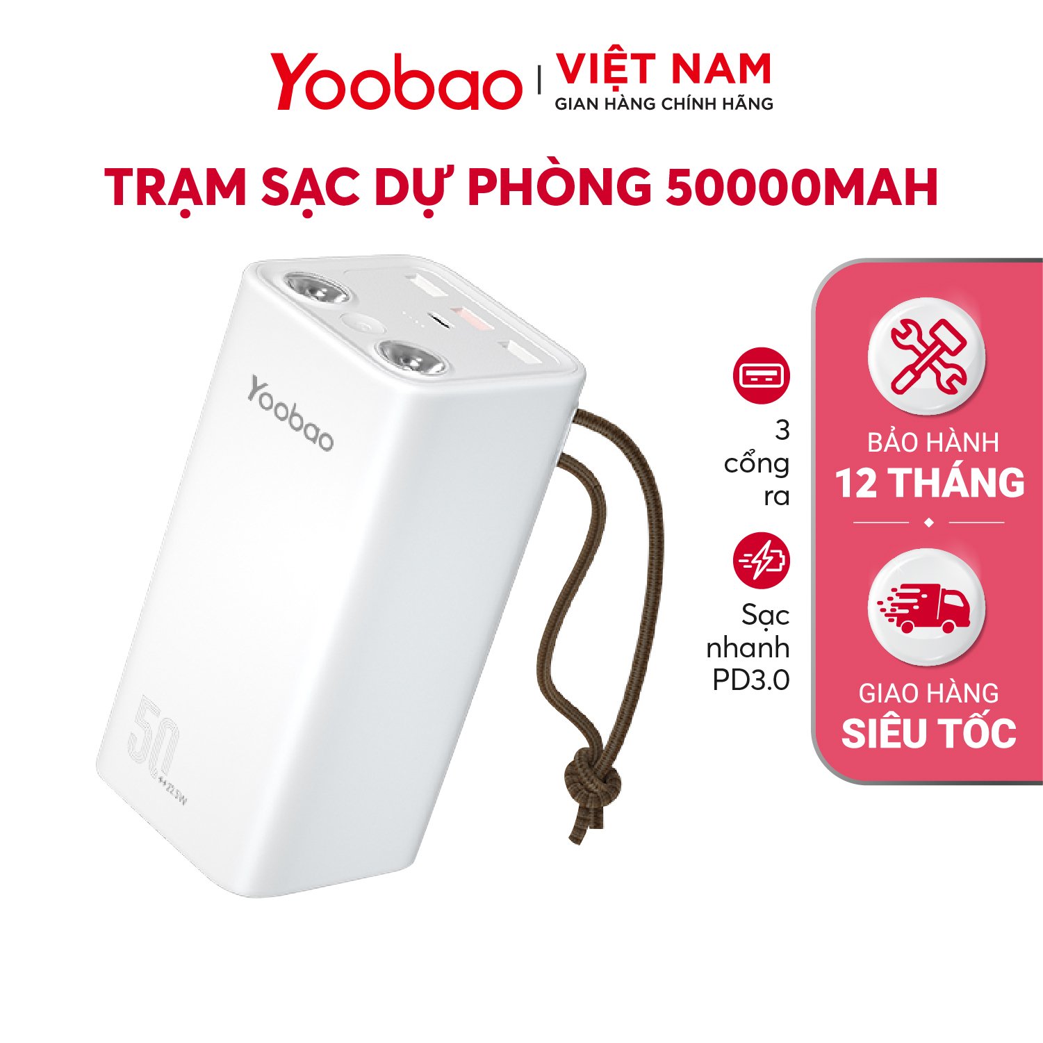 Pin sạc dự phòng YOOBAO H5 dung lượng 50000 mAh, tích hợp đèn pin siêu sáng, hỗ trợ các giao thức sạc nhanh Hàng chính hãng - BH12T