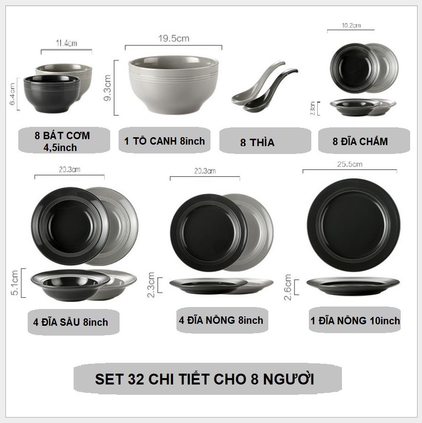 Set mix 2 màu đen ghi 32 chi tiết cho 8 người