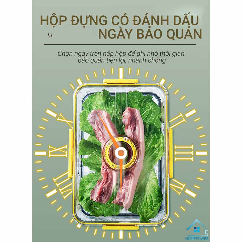 Hộp Nhựa Đựng Thực Phẩm, Hộp Bảo Quản Thực Phẩm Tủ Lạnh Homepower Trong Suốt Có Khay Lót Đáy Giúp Ráo Nước, Vòng Ghi Chú Thời Gian Bảo Quản Tiện Lợi