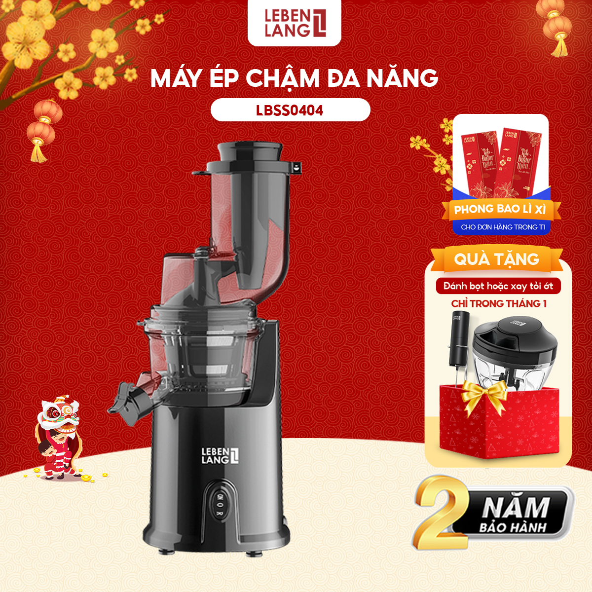 Máy ép chậm đa năng LEBENLANG dung tích 1000ml, công suất 200W, model LBSS0404 - hàng chính hãng