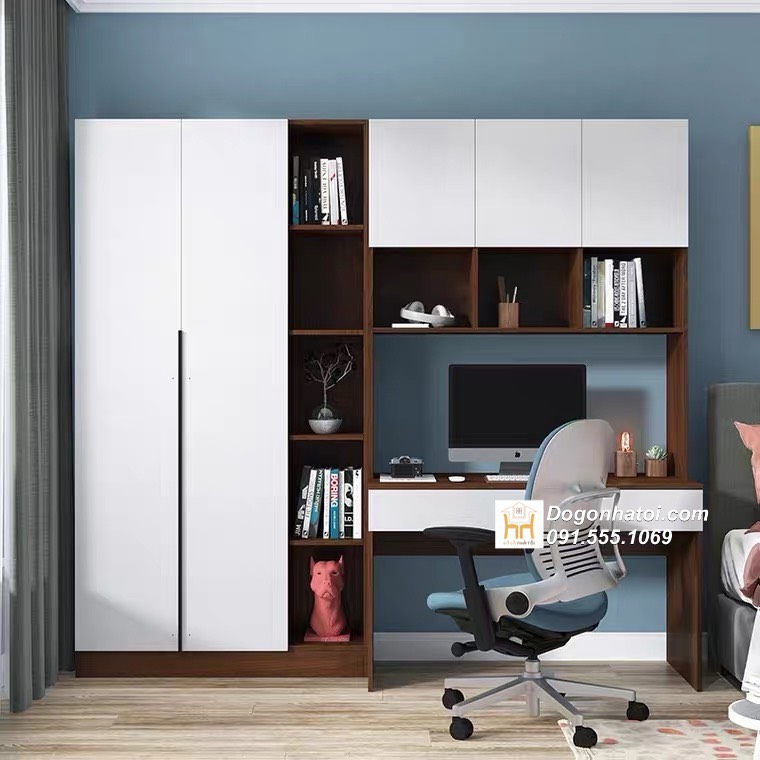 Tủ quần áo liền bàn học gỗ MDF 2m x 2m - TA219