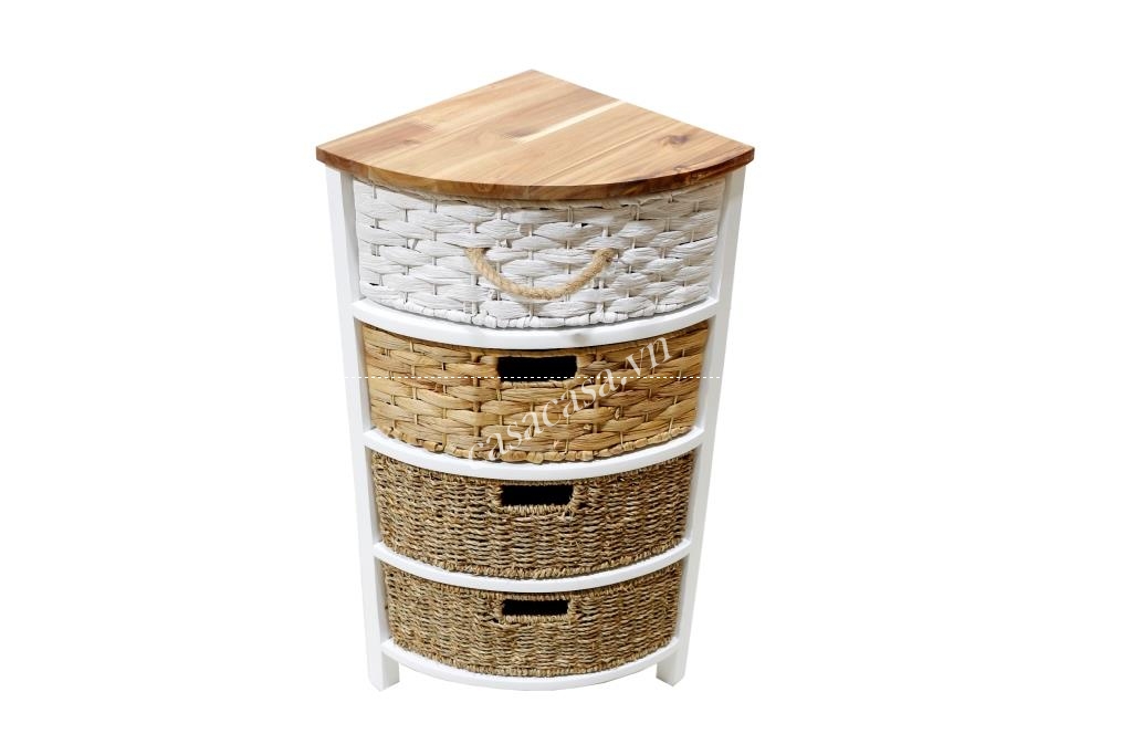 Tủ gỗ tam giác, tủ góc, cabinet 4 ngăn kéo, hộc đan lục bình, cói - HG1052A-MC