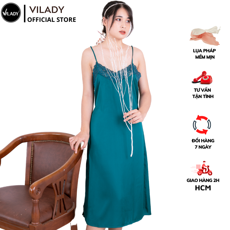 Đầm ngủ, Váy ngủ lụa Pháp (Lụa Latin) cao cấp VILADY - V150, phối ren ngực và lưng, xẻ đùi 2 bên (Màu Xanh rêu)