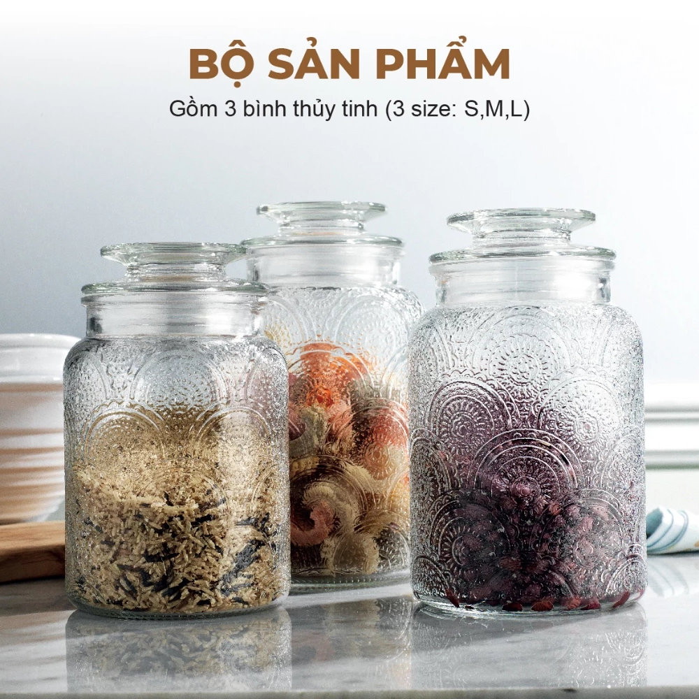Bộ 3 Hũ Thủy Tinh Đựng Thực Phẩm Lê Bên Làng LBL1210, Nắp Kín, Hoa Văn, Dung Tích 1L, 1.3L, 1.5L