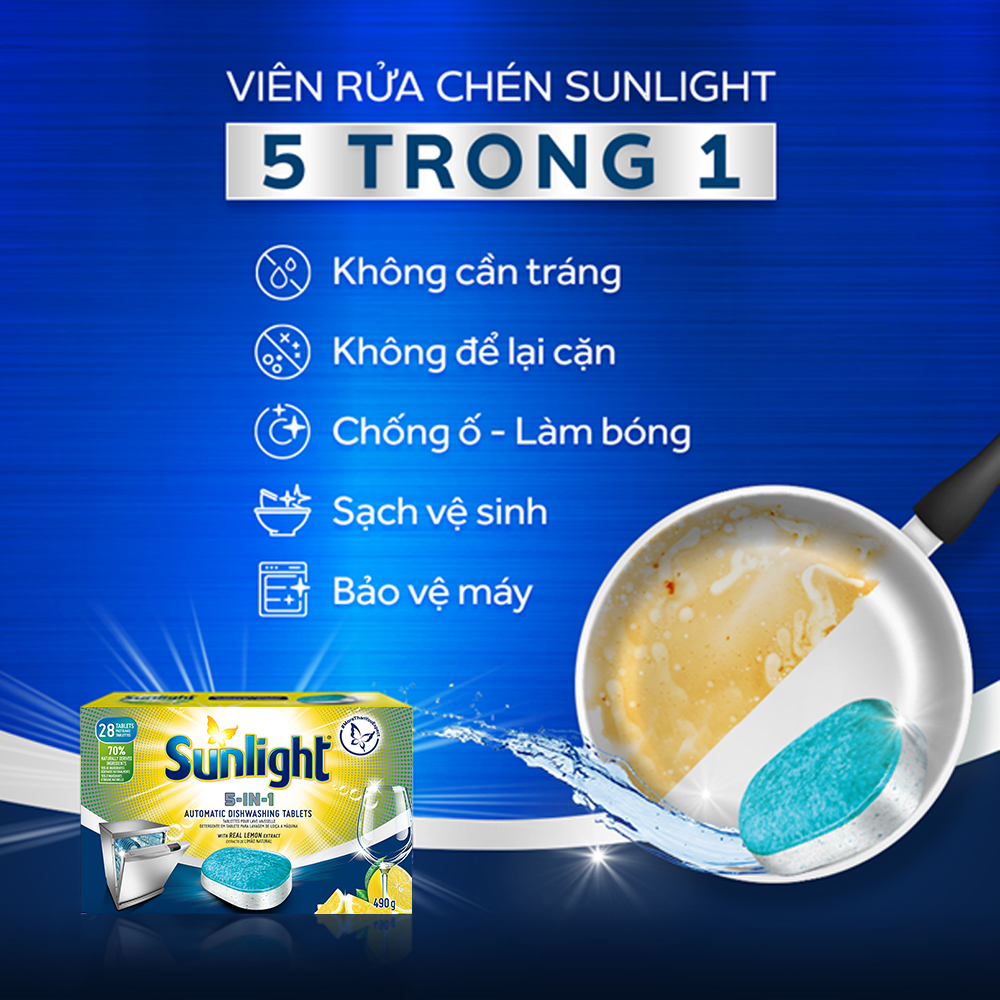 Combo 6 Hộp Viên Rửa Chén Bát (28V/hộp) Sunlight 5 in 1 Cho máy rửa chén bát Công nghệ PureClean không để lại vêt ố