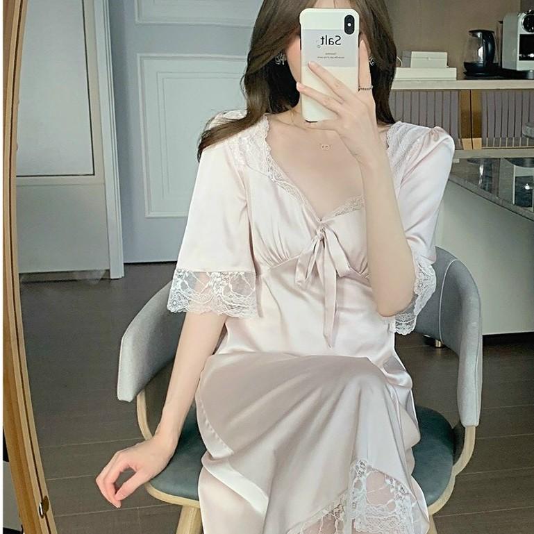 Đầm váy ngủ mặc ở nhà tay dài lụa LATIN size5085kg trắng LT166   Lazadavn