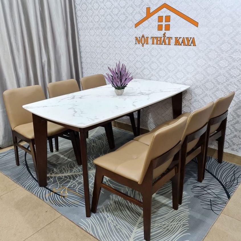 Bộ bàn mặt đá nhập khẩu Malaysia 6 ghế Hana 1m6 chân chữ A