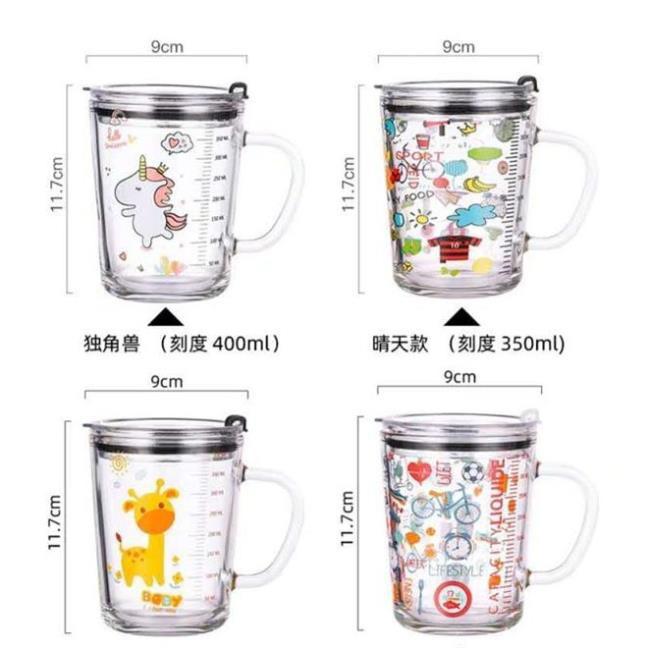 Cốc Uống Sữa Chia Vạch thủy tinh nắp giữ nhiệt chống tràn kèm ống hút bình cốc cách nhiệt kiểu hoạt hình