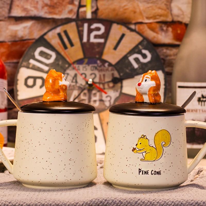 Cốc Uống Cafe Chú Sóc Dễ Thương 3D Vẽ Tay - Ly Uống Nước Có Nắp Và Thìa 400ml