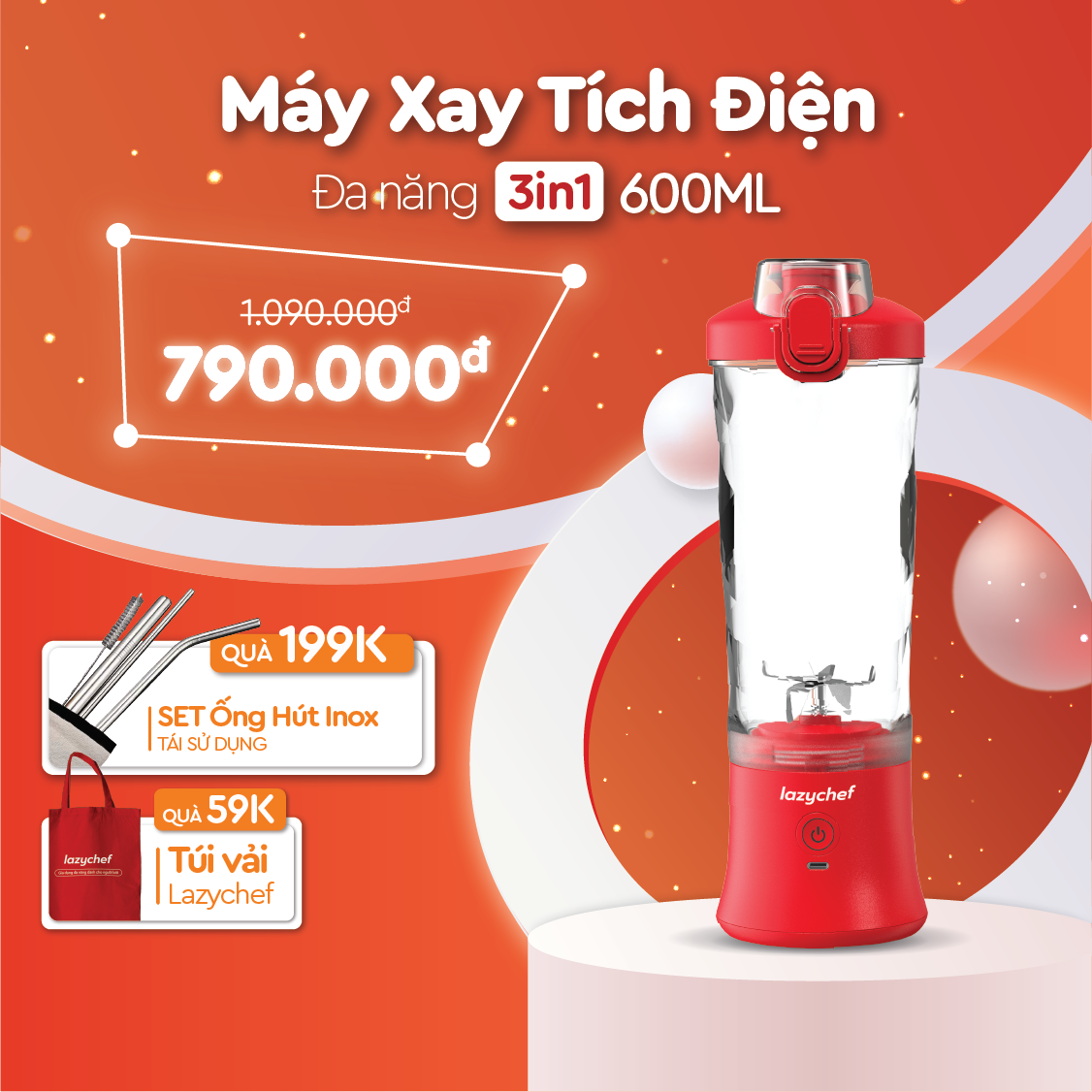 Máy Xay Tích Điện Đa Năng 3IN1 Lazychef - Máy Xay Sinh Tố Kháng Nước, Máy Xay Cầm Tay, Dung Tích 600ml, Hàng Chính Hãng