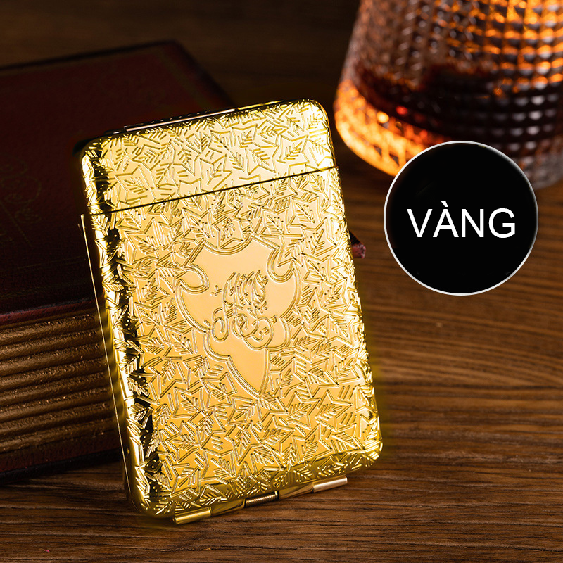 Bật Lửa Điện Kiêm Hộp Đựng Thuốc 16 Điếu Lớn Ngắn Đồng Thau Hoa Văn Cổ