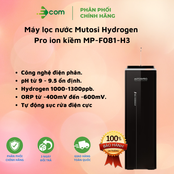 Máy lọc nước Hydrogen Pro Ion Kiềm Mutosi MP-F081-H3, Công nghệ điện phân có màng ngăn, Bảo hành tại nhà.