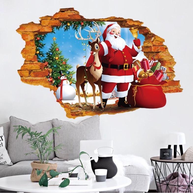 Decal trang trí Noel Hít Tĩnh Điện - Vết nứt ông già noel phát quà cùng tuần lộc