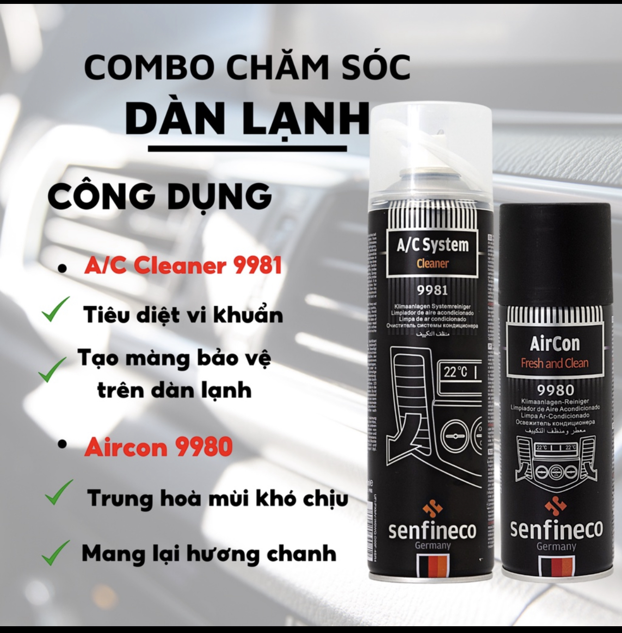 Xịt Khử Mùi Nội Thất Điều Hòa Ô Tô Senfinecon Aircon Fresh and Clean 9980 Hương Chanh Nhẹ Nhàng Dễ Chịu 200ml