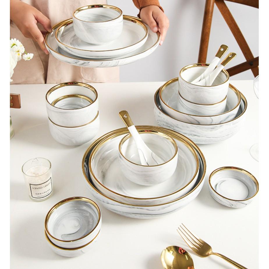 Set bát đĩa 26 món. bộ bát đĩa 26 món màu ghi vân đá. viền vàng sang trọng