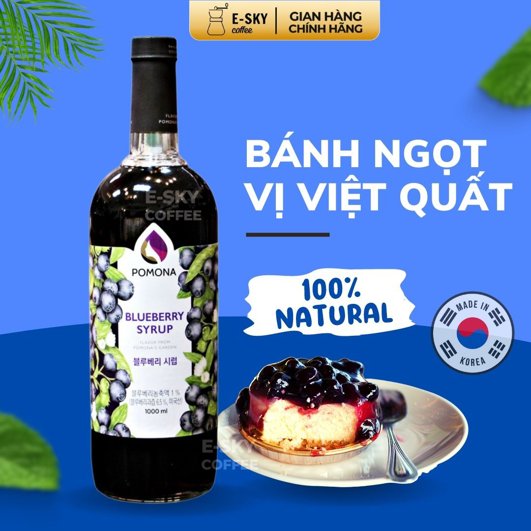 Siro Việt Quất POMONA Blueberry Syrup Nguyên Liệu Pha Chế Hàn Quốc Chai Thủy Tinh 1 lít