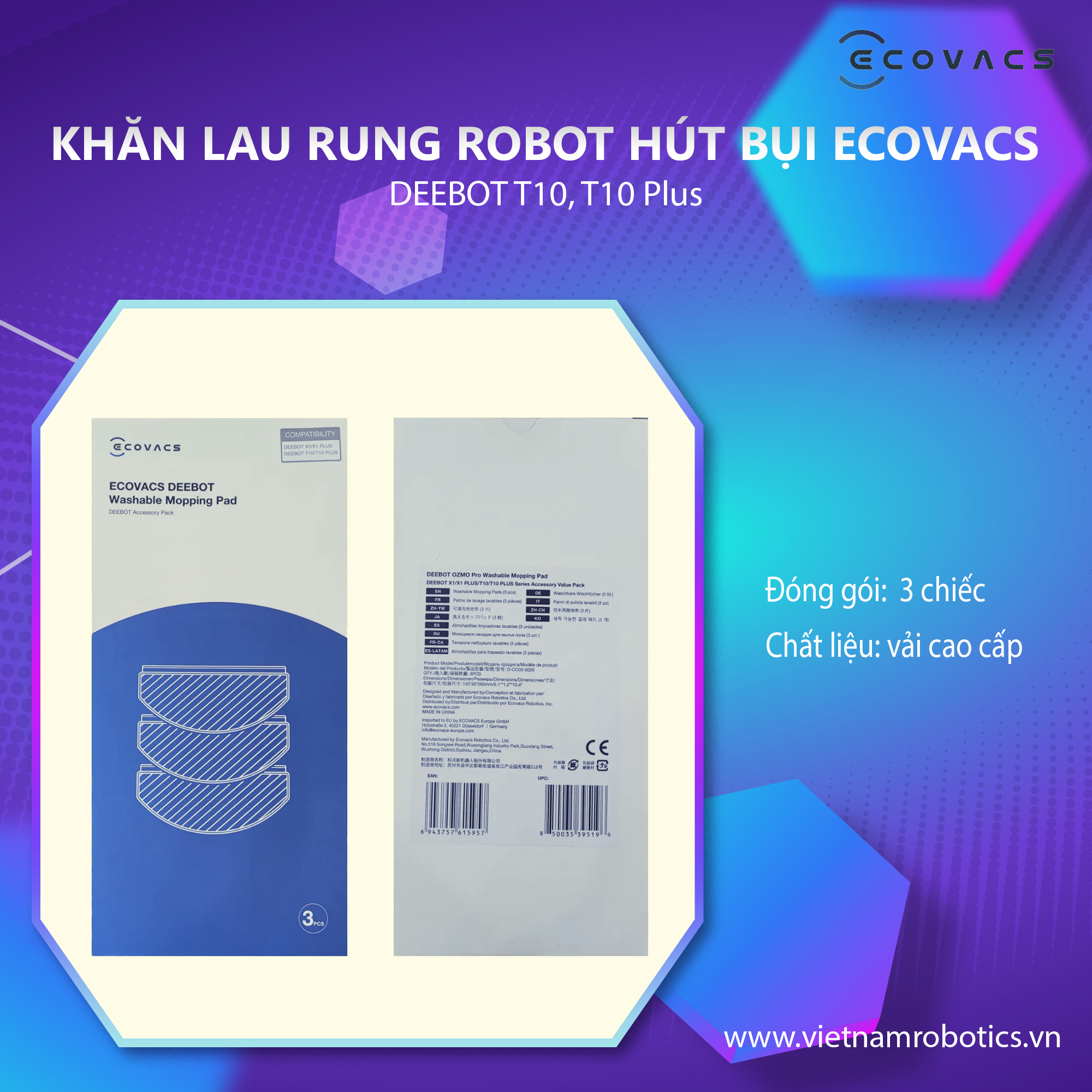 Khăn lau rung sử dụng nhiều lần cho Robot hút bụi Ecovacs Deebot T10, T10 Plus - Phiên bản quốc tế - Hàng chính hãng