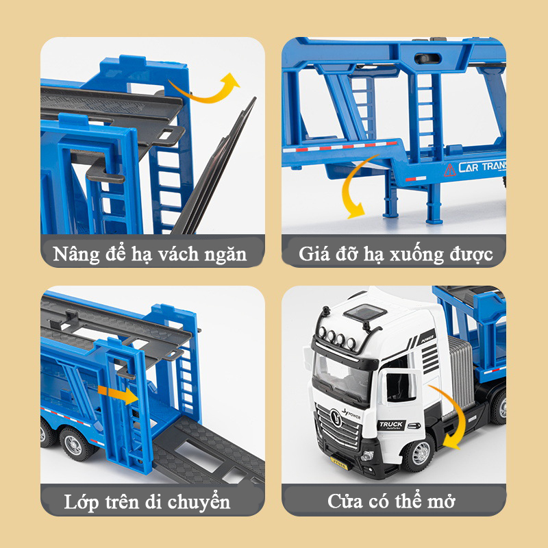Đồ chơi xe đầu kéo vận chuyển 4 xe ô tô bằng hợp kim nguyên khối có nhạc và đèn chạy cót