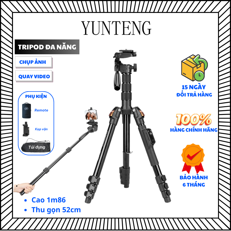 Tripod Yunteng VCT-190 - Chân Đế Máy Ảnh, Điện Thoại ,Tháo Rời Làm Gậy Selfie Kèm Remote Bluetooth - Hàng Chính Hãng