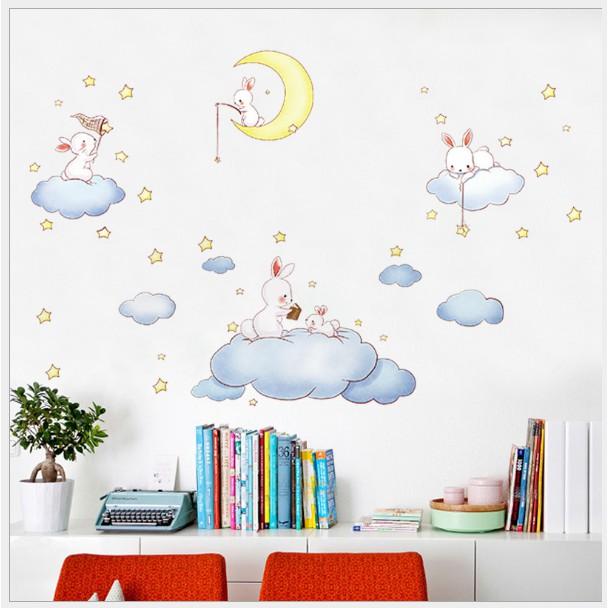 Decal trang trí tường - Thỏ Trắng vui chơi cùng Trằng Mây thật đáng yêu