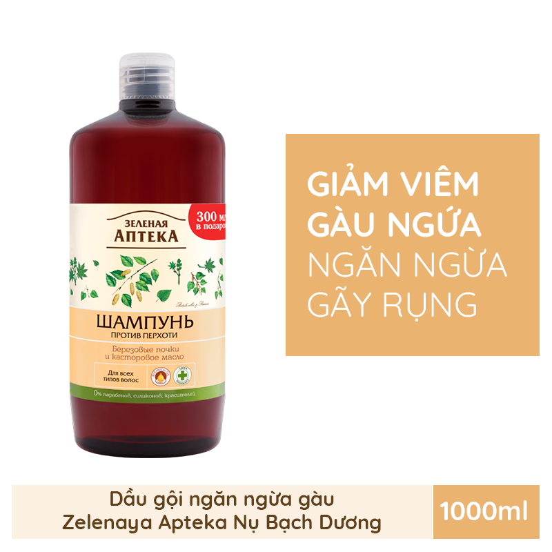 Zelenaya Apteka Dầu gội ngăn ngừa gàu Nụ bạch dương và dầu thầu dầu 1000ml