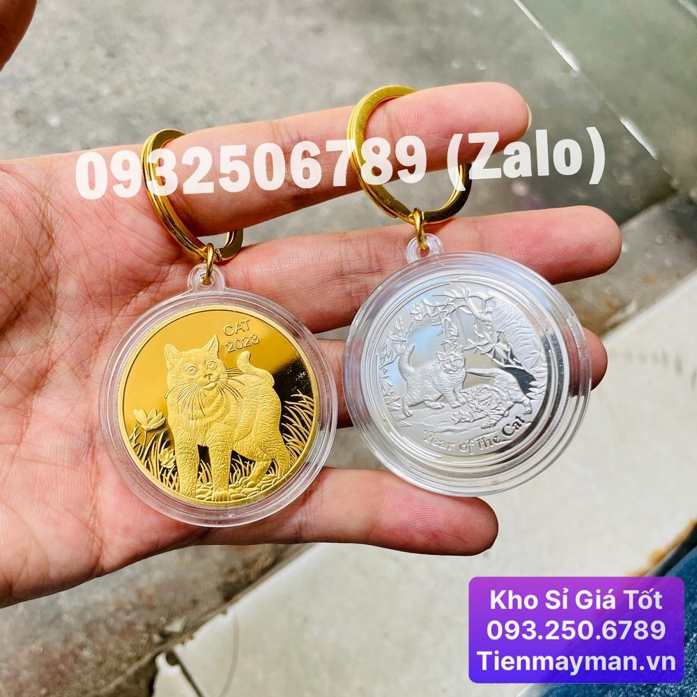 Bộ 2 Móc khóa treo chìa xe máy oto Đồng Xu hình con Mèo Úc vàng bạc sang trọng - PASA COLLECTION