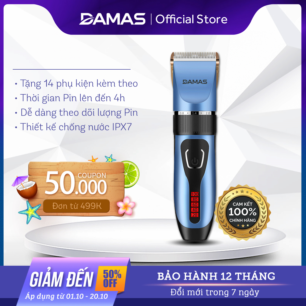 Tông Đơ Cắt Tóc Chuyên Nghiệp Không Dây DAMAS DH6820G - Hàng Chính Hãng