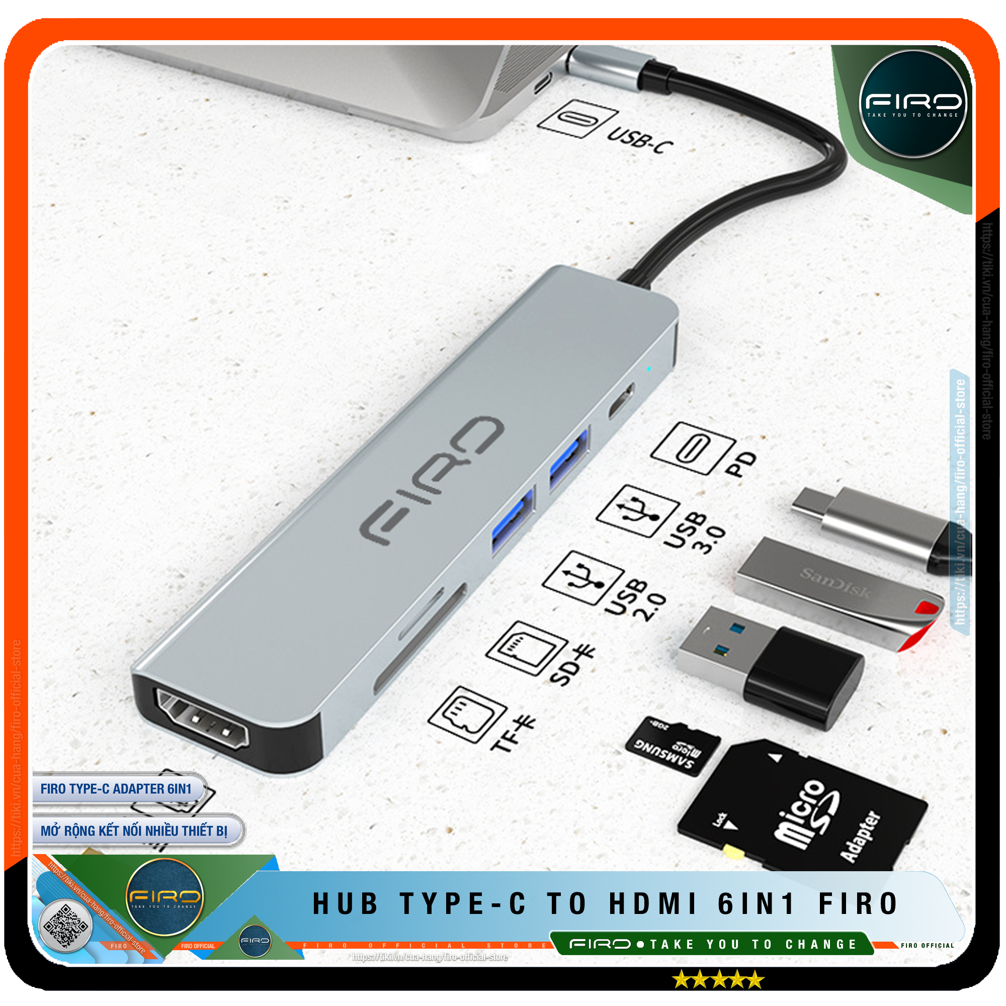 Hub Type C FIRO 6in1 - Hub Chuyển Đổi Type C To HDMI - 1 Cổng HDMI 4K, 2 Cổng USB 3.0, 2 Khe Đọc Thẻ TF Và SD, 1 Cổng Sạc Nhanh Type C PD - Kết Nối Nhiều Thiết Bị Với Tốc Độ Cao - Dùng Cho Tivi/Laptop/Playstation/PC/Smartphone – Hàng chính hãng