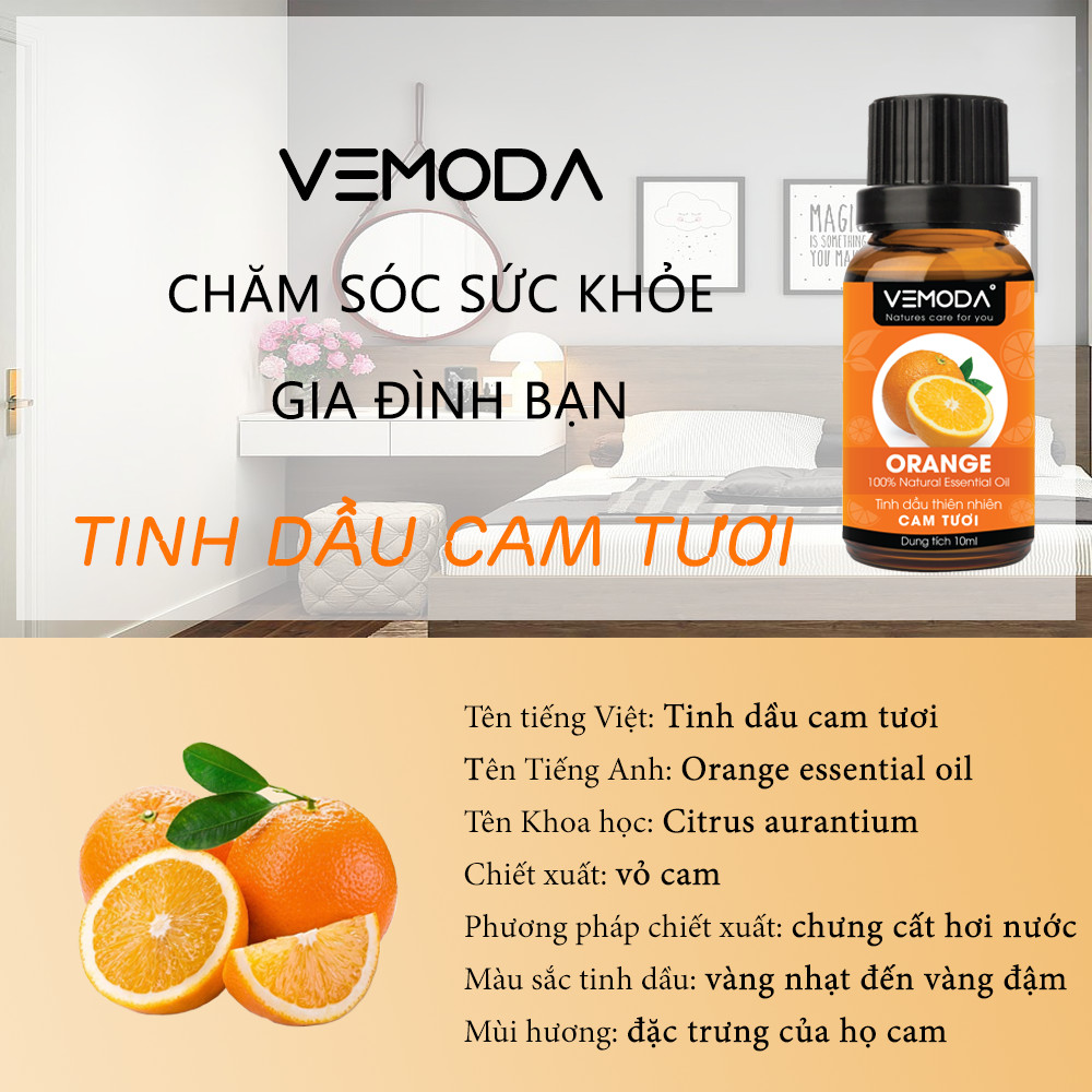 Tinh dầu Cam tươi cao cấp. Orange Essential Oil 30ML. Tinh dầu xông phòng giúp khử mùi, kháng khuẩn, thanh lọc không khí, xua đuổi côn trùng, chăm sóc da. Tinh dầu thơm phòng cao cấp Vemoda