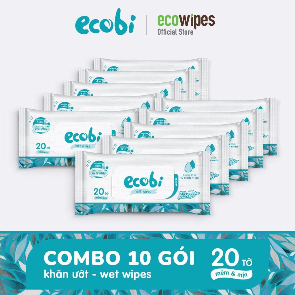 Combo 10 gói khăn giấy ướt cho bé Ecobi gói 20 tờ không mùi không cồn không paraben an toàn cho trẻ